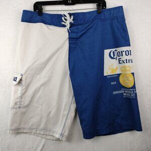 VTG Corona Beer Board Shorts Mens Size 38 2XL Blue White Colorblock Spellout Y2K